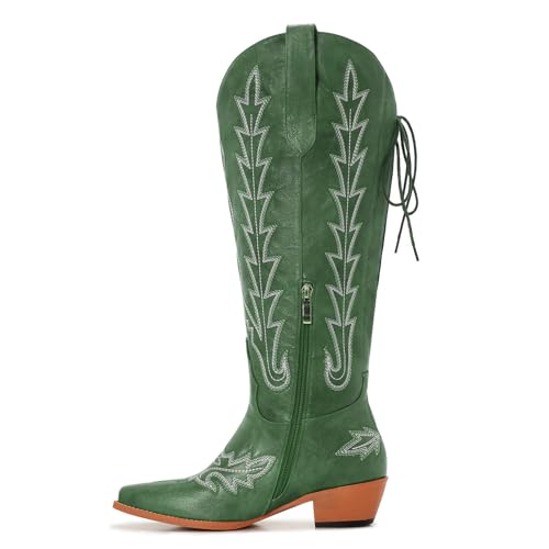 Image of Uillnoodu Wide Calf Cowboy Boots Women Knee High Tall Western Cowgirl Boots Adjustable Lace Up Plus Size Comfortable 2-Inch Heel