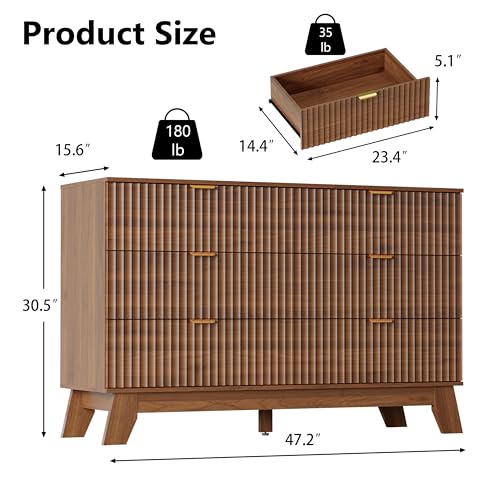Image of Dresser 6 Drawer Dresser for Bedroom, 47''W Fluted Wooden Dresser Storage Cabinet and Chest of Drawers with Metal Handle, Storage Organizer for Living Room, Hallway, Entryway, Walnut