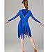 ZYDANC Blue,L,Fringe Salsa Cha Cha Dancewear Women's Latin Performance Dance Dresses Long Sleeves Tango Ballroom Costumes