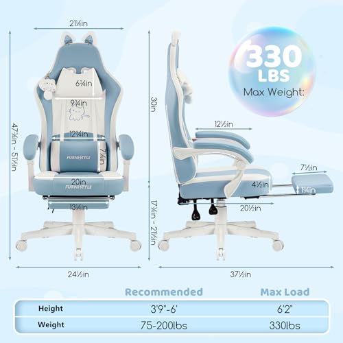 Image of Gaming Chairs, Comfy Video Game Chair for Adults with Cat Ears Pocket Spring Cushion Massage Lumbar Support & Headrest, Ringing Accessories Cute Leather Ergonomic Computer Chair for Girls, Blue /White
