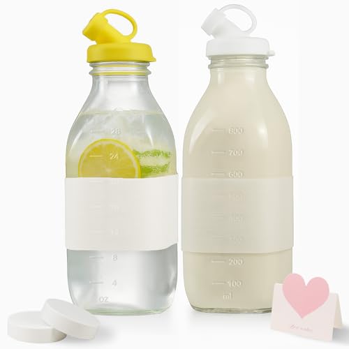 Image of Essmilkee 32 oz Reusable Glass Milk Bottles with Leak Proof Lid and Pour Dispenser, 1 Liter Juice Bottles with Scale, Glass Pitchers with Sleeve, Milk Storage Containers for Fridge [2 Pack]