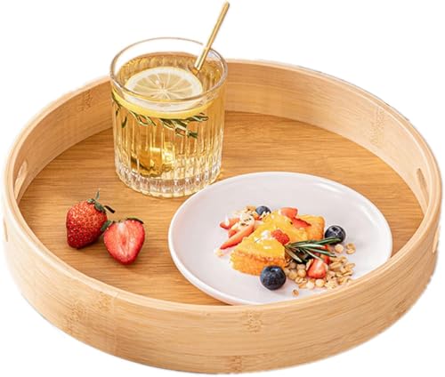 Bambus-Serviertablett Rundes Tablett Holz mit Griffen und erhöhter Rand Servierplatte für Lebensmittel Kaffee Wein Kaffee Tee Obst Mahlzeiten