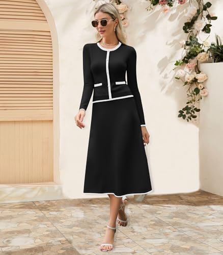 Women's Two Piece Skirt Sets Dressy Casual Knit Long Sleeve Button Crewneck Tops and Midi Dresses Matching Set Fall Outfits Black4