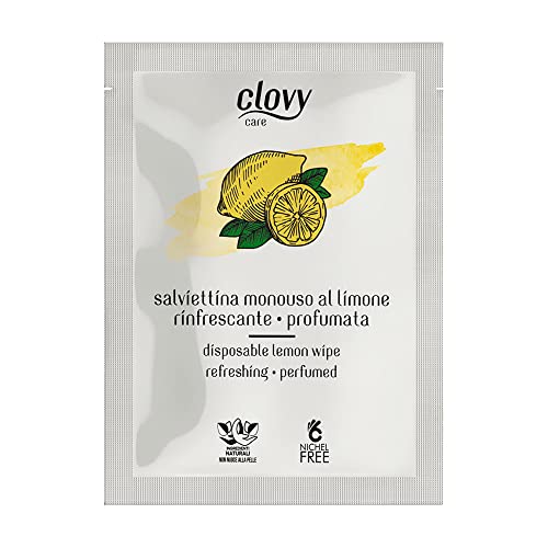 Clovy Care. 100 toallitas desechables refrescantes y perfumadas con limón empapadas con solución a base de ingredientes naturales sin níquel.