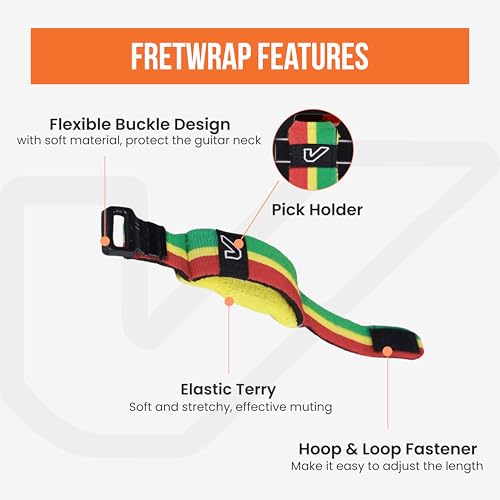 Image of Gruv Gear Fret Wrap & Guitar Mute, Fretwrap for Acoustic, Electric & Bass | String Dampener Recording, Tapping & Practice Accessory (1 Pack, Small Red /Yellow /Green, Fits 4 String Bass, 6 String
