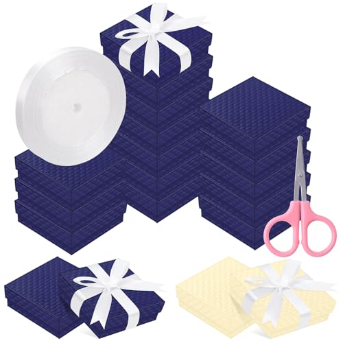Rustark 17Pcs 7.5x7.5x3cm / 3x3x1 Inch Dark Blue Cardboard Jewelry Gift Boxes with Stain Ribbon and Scissor