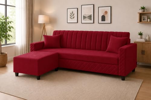 Image of 3 Seater Velvet Sofa with Ottoman | Modern Upholstered Couch | Quilted Design | Soft Comfortable Seating | Sturdy Wooden Frame | Living Room, Office - Red
