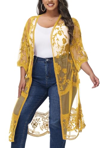 Image of Anna-Kaci Women's Plus Size Lace Cardigan Embroidered Long Kimono Dusters with Half Sleeves