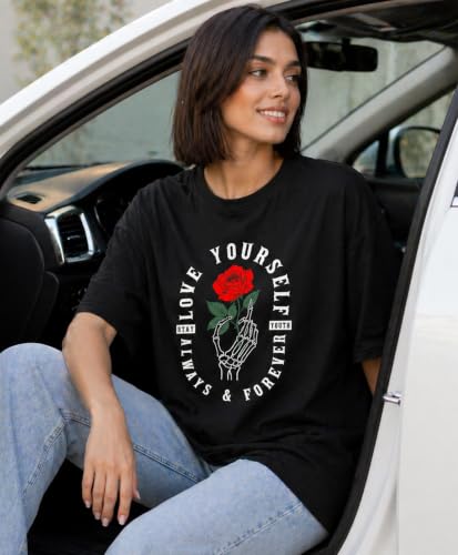 Image of London Hills Oversized Tshirt for Woman | t Shirt for Woman Oversized Fit Printed Round Neck | Tops for Woman's | Women t Shirt Loose Fit Drop Shoulder | t Shirts for Women | Western Tops