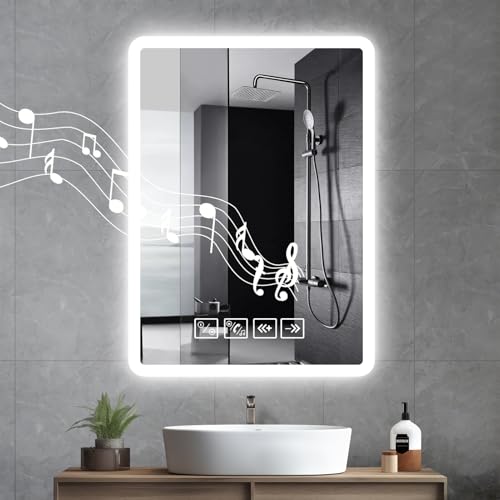 wowspeed Square 70 * 50cm Bluetooth Bathroom Mirror with LED Lights, Wireless Music LED Vanity Mirrors for Bathroom, Wall Mounted Smart Mirrors, Anti Fog, 3000K/4500K/6500K, 120° Beam Angle, Dimmable wowspeed Square 70 * 50cm Bluetooth Bathroom Mirror with LED Lights, Wireless Music LED Vanity Mirrors for Bathroom, Wall Mounted Smart Mirrors, Anti Fog, 3000K/4500K/6500K, 120° Beam Angle, Dimmable