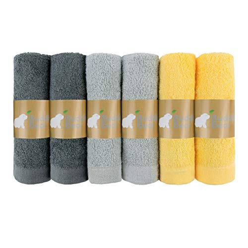 Budding Bear Paños de lavado de bebé de bambú (paquete de 6) – 100% algodón orgánico y bambú – Hipoalergénico y absorbente para pieles sensibles – Sin productos químicos y plástico – Unisex Multicolor