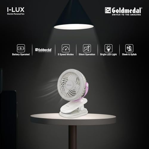 Image of Goldmedal I-Lux 100 mm Portable Desk Mounted Clip Fan| Multi-Clip Function| Type-C USB-Powered Rechargeable Battery with 6-7 Hours Backup| Bright Light | Personal Fan for Home & Office (White-Pink)