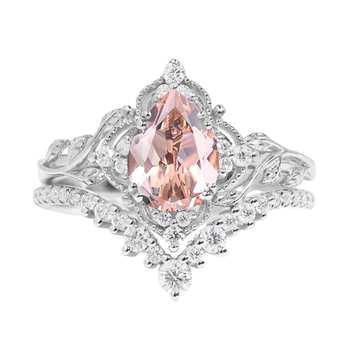 Pear Cut Gemstone Engagement Ring Set - Vintage 2pcs V Shaped Promise Ring in 10K, 14K, 18K White & Yellow Rose Gold3