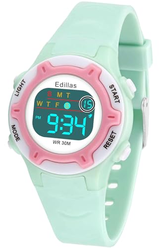 Edillas Kids Watches Digital Girls Boys,7 Colors Light Wristwatch for Child Waterproof Sport Outdoor Multifunctional with Stopwatch/Alarm for Ages 4-15 Green