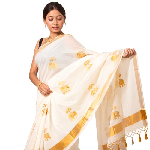 Kerala Saree for Women Traditional White Kerala Kasavu Saree with...