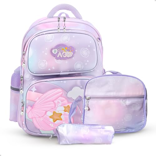 Kit Mochila Escolar Delicada Concha Fofinha + Lancheira e Estojo Infantil (Lilás)