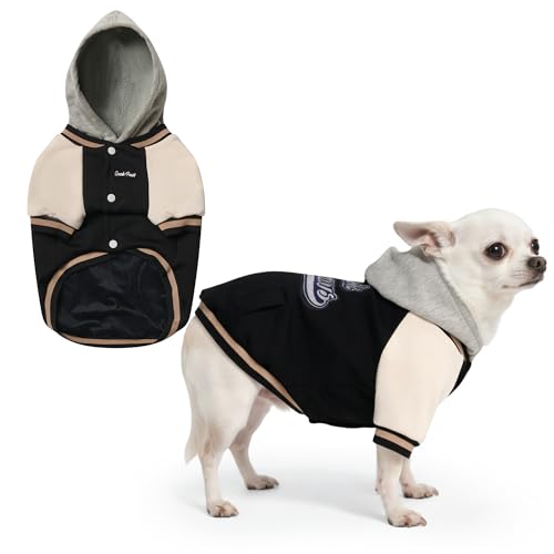 Image of Spark Paws Varsity Dog Hoodie - Premium Dog Sweater for Small, Medium, and Large Dogs | Warm Clothes for Pets, Winter Jacket Alternative - Black - S