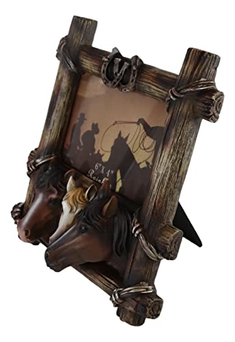 Ebros Gift Rustic Western Faux Barnwood Barbed Wire Borders Cowboy Equine Triple Horses With Lucky Horseshoes 6"X4" Picture Photo Frame Figurine Ranch Country Farmhouse Horse Themed Accent #TOP2