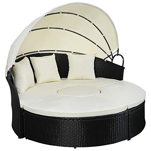 Tangkula Patio Furniture Outdoor Lawn Backyard Poolside Garden Round with Retractable Canopy Wicker Rattan 72.5 inch Round Daybed, Seating Separates Cushioned Seats (3 Pillows)