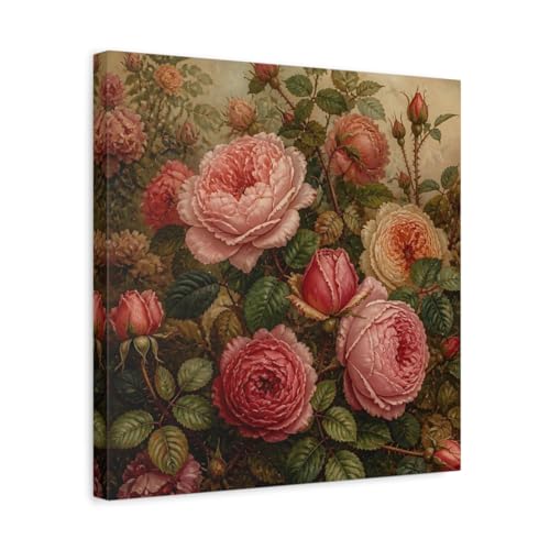 Tableau déco vintage salon toile imprimée fleurs roses et vertes 40x40