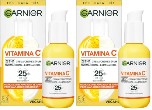 Garnier, Sérum Facial Iluminador y Anti Manchas 2 en 1, Con 20% Vitamina C y SPF25, No graso, Clínicamente probado, 50 ml (Paquete de 2)