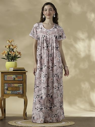 Image of 9shines Label Stylish Chikankari Cotton Nighty Maxi for Women | Full Length Nightgown | Nightdress with Pocket | Embroidery Nighty | Soft Comfortable Cotton Nightwear (1545)