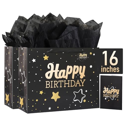 Image of 16 inch Black Happy Birthday Gift Bag with Tissue Paper and Greeting Card for Party,Happy Birthday Gift Bag for Men Women,Gift Bags Extra Large(2 PCS Black Hot Stamping)