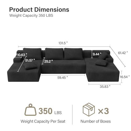 Image of LAUSAINT HOME 132 inch Modular Sectional Sofa Couches, U-Shaped Boneless Cloud Sofa with 4 Deep Seat, 6 Cushiones Oversized Chaise for Living Room, Bedroom, Plush Corduroy Fabric (U Shaped Sofa, Black)