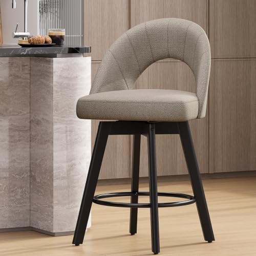 Image of YaFiti 24 inch Counter Height Bar Stool, Fabric Bar Stools with Back, Oatmeal | Swivel Bar Stools with Ergonomic Curved Back, Fabric Upholstered Seat and Solid Wood Legs for Kitchen Island