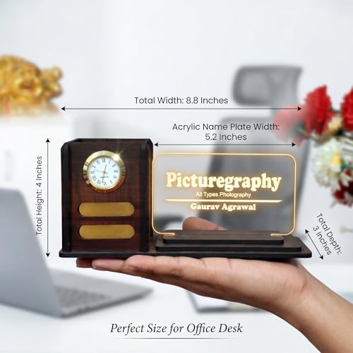 Image of Wood Desk Organizer with LED Name Lamp|Customized Gift for Men,Women,Teachers,Doctors,Dad,Husband|Pen Holder,Table Lamp|Personalized Birthday Gift|Office Organizer - With Watch,Brown