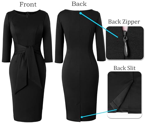 Image of VFSHOW Womens Front Zipper Tie Waist Bow 3 /4 Sleeve Slim Fitted Work Business Office Party Bodycon Pencil Sheath Dress