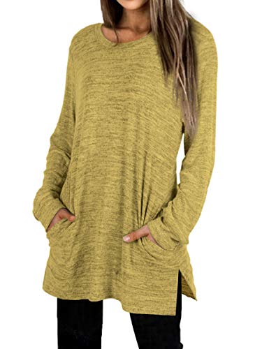 Crewneck Sweatshirts Women Tunic Tops Long Sleeve Plus Size Side Split Yellow 2XL