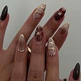 STADWWK Almond Press On Nails Medium, 24pcs, Brown Flower Designs, Glossy, Full Cover, False Nails, Gold French Tip, Acrylic Nails, Cute Stick On Nails for Women