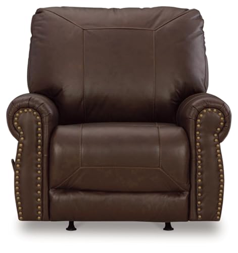 Image of Signature Design by Ashley Colleton Leather Rocker Recliner, Dark Brown | Leather match manual recliner, Rocker recliner chair, Premium top-grain leather seating, Space-saving 12-in wall space