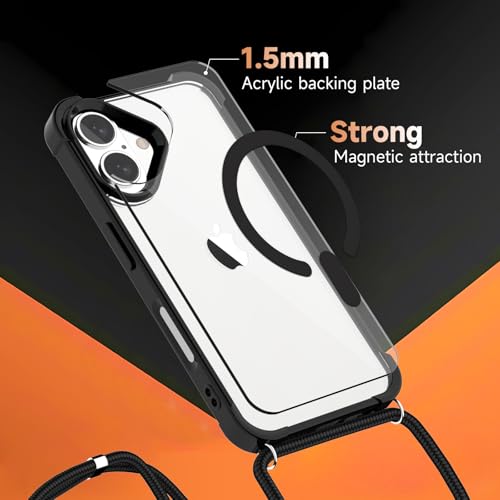 Coque iPhone 16 Plus transparente MagSafe avec cordon tour de cou réglable noir - 6