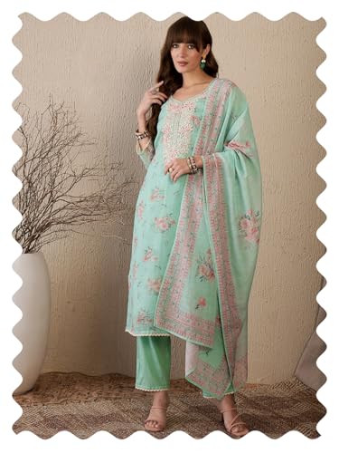 Image of INDO ERA Women's Straight Linen Floral Printed Embroidered Kurta & Pant with Dupatta Set