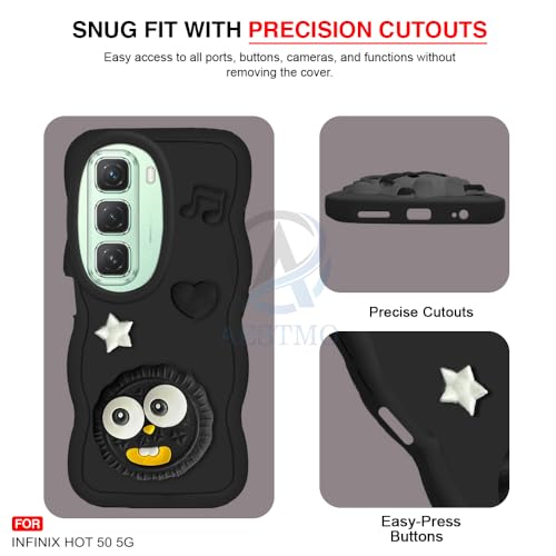 Image of AESTMO Back Case Cover for Infinix Hot 50 5G | 3D Cute Fun Cartoon Characters | Anti Slip Grip Cute Wave Curly Frame Shape | Full Body Protection Back Cover for Infinix Hot 50 5G (Black)