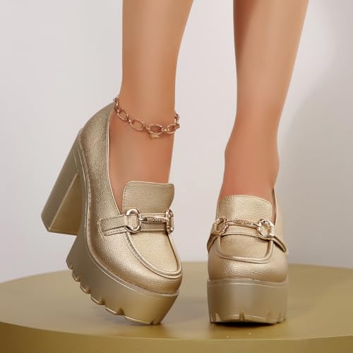 Womens Platform Heels Loafers Chunky High Heel Closed Toe Metal Buckle Shoes Penny Loafer Business Dress Work Pumps2