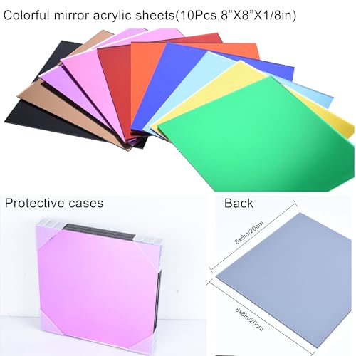 Image of Colored Mirror Acrylic Sheet Set, 10 Pack 8x8 inch - Laser Cutting & DIY Crafts, Home Decoration, Weddings & Party Favors (20x20 cm)