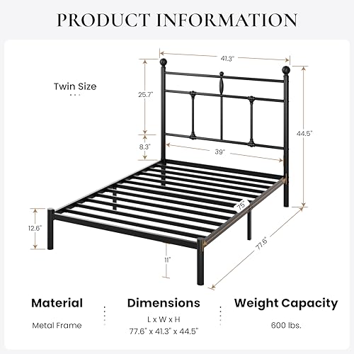 Image of SHA CERLIN Twin Size Metal Platform Bed Frame with Victorian Vintage Headboard /Under Bed Storage /No Box Spring Needed /Easy Assembly /Noise Free /Mattress Foundation /Black