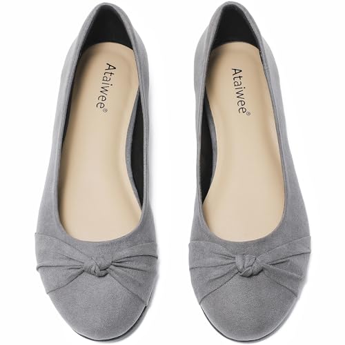 Image of Ataiwee Women's Wide Width Flat Shoes Bow Round Toe Ballet Flats,Grey 9.5