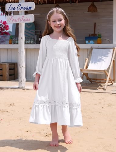 FYMNSI Kids Girls Fall Winter Boho Long Sleeve Dress Smocked Lace Ruffle A-line Princess Pageant Birthday Party Xmas Dresses2