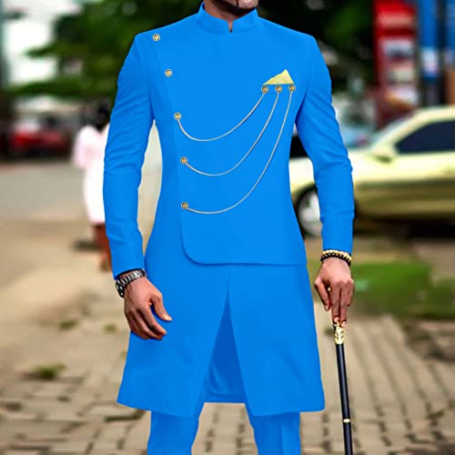 African Suits for Men Single Breasted Dashiki Chain Jackets and Pants 2 Piece Set Formal Outfits Wedding2