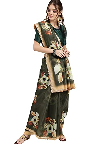 Image of AKHILAM Women's Organza Knit Embellished Saree with Unstitched Blouse Piece (FF0ROMFLO4 Parent)