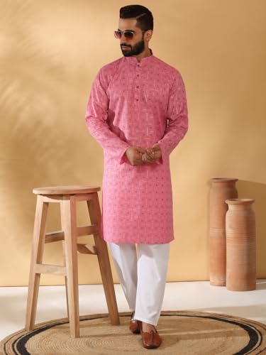Image of KRAFT INDIA Men's Cotton Blend Geometric Printed Straight Long Regular Kurta and Elastic Waistband Pyjama Set
