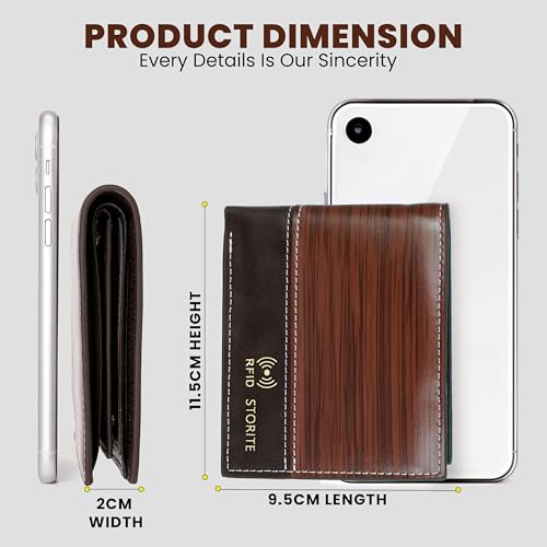 Image of Storite Men's Leather RFID Blocking Bifold Wallet - Slim Purse for Gents with Multiple Card Slots, Coin Pocket & ID Window - Gift for Men - D Wooden (11.5 x 2 x 9.5 cm)