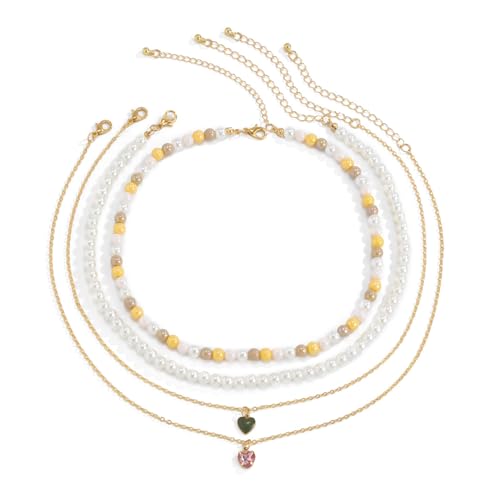SXYCYRC Collar de perlas de colores vintage mujer dulce pintura fresca aceite forma de corazón diamante diamante piedra preciosa apilar collar Día de la Madre, Navidad, regalos de cumpleaños