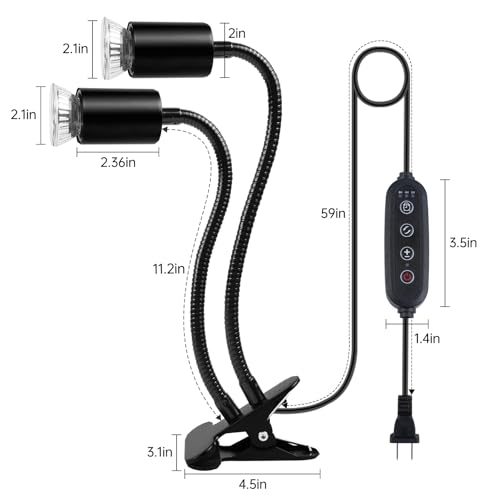 Image of LUCKY HERP Reptile Heat Lamp, Dual Head UVA UVB Reptile Light with Cycle Timer, 360Rotatable Dimmable Aquarium Turtle Tank Basking Light with 4 Bulbs (2PCS 25W and 2PCS 50W)