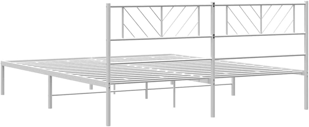 vidaXL California King Metal Bed Frame with Headboard and Stable Slats, Under Bed Storage Space, Sturdy Steel Construction and Easy Assembly, Minimalist Style, White, 12'' High, Without Mattress