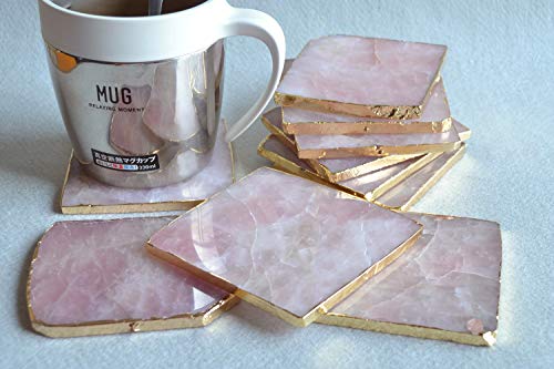3.5'' Rose Quartz Coaster Natural Pink Crystal Gold Edge Nearly Square Bar Coasters Drink Coaster Barware Teacup Mat Stone Slab Slices - Set Of 4 #TOP2